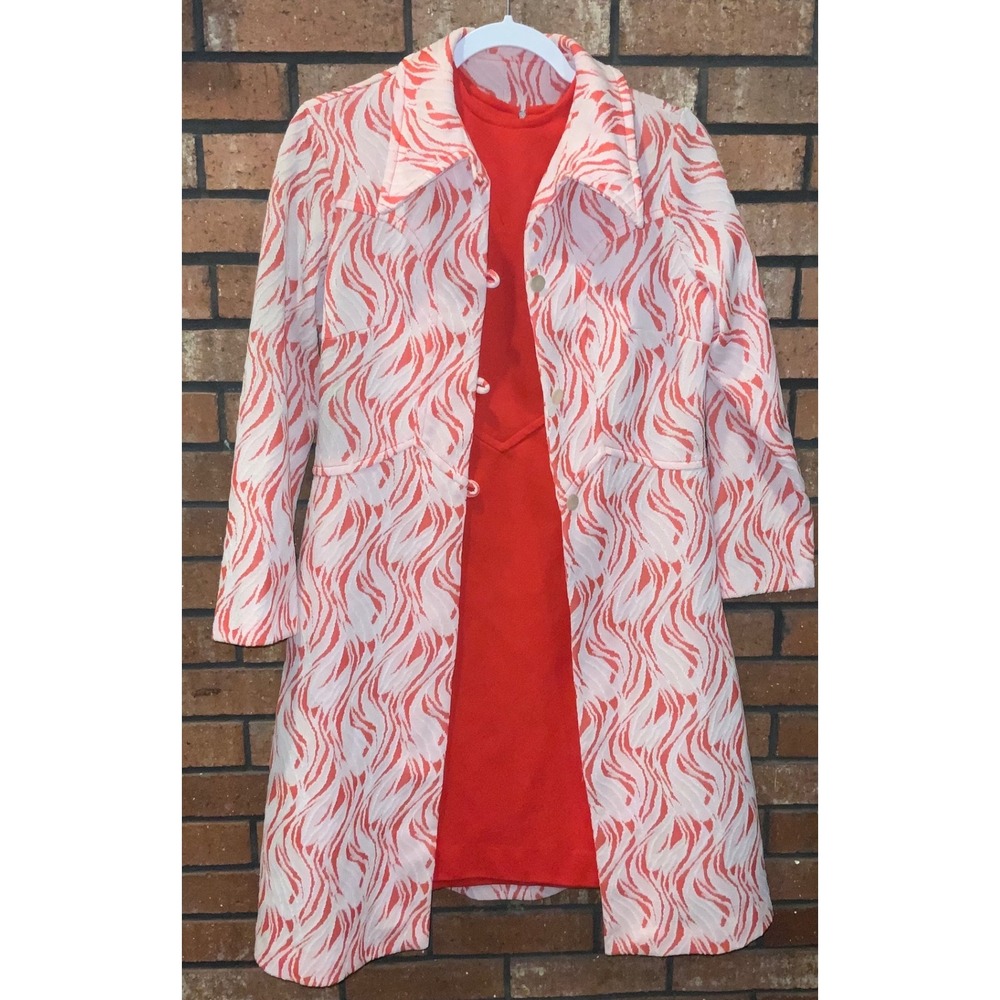 Vintage 60s 70s Mod Red Shift Dress & Wavy Print Coat Set